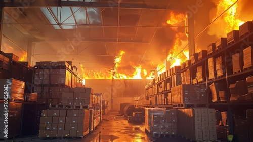 Fire spreading in warehouse stacked with boxes
