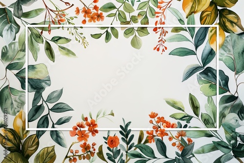 Empty picture frame on a white wall encircled by lush green foliage, awaiting personalization.