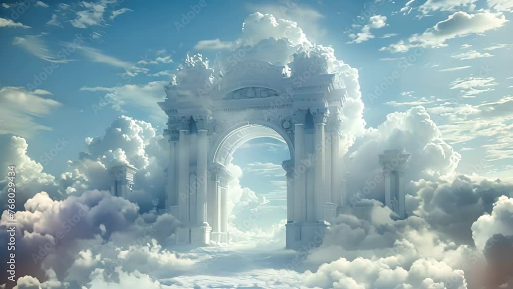 Gate to heaven paradise in white clouds. open archway gates of heaven ...