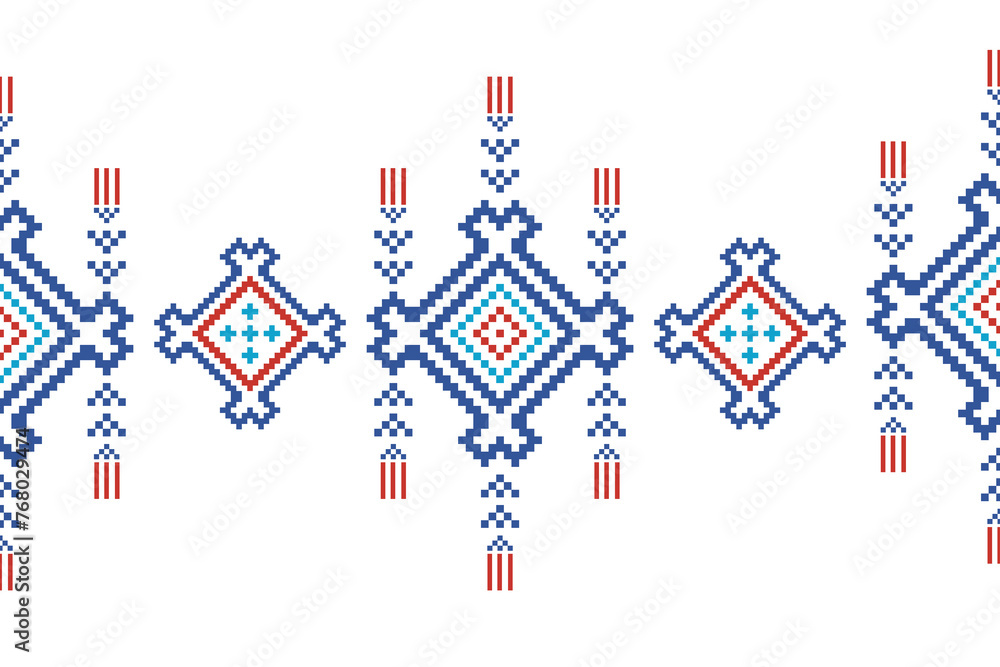 Obraz premium Cross Stitch embroidery seamless.Geometric pixel ethnic patterns. American, Mexican,African, mediterranean, nordic,Aztec style.Trendy folk art background design for products, fabric, ,print,decorate.