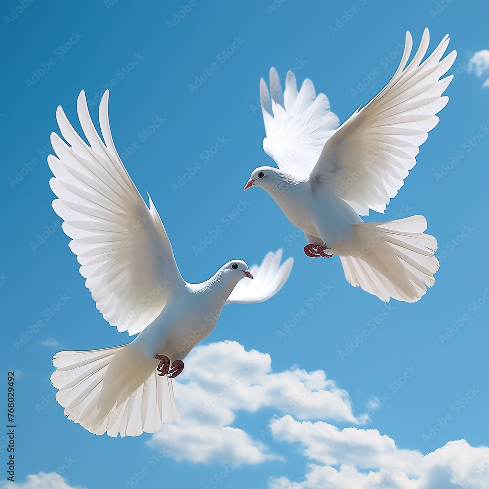 Peaceful White Doves Flying in the Sky. Peaceful White Doves Flying in the Sky.