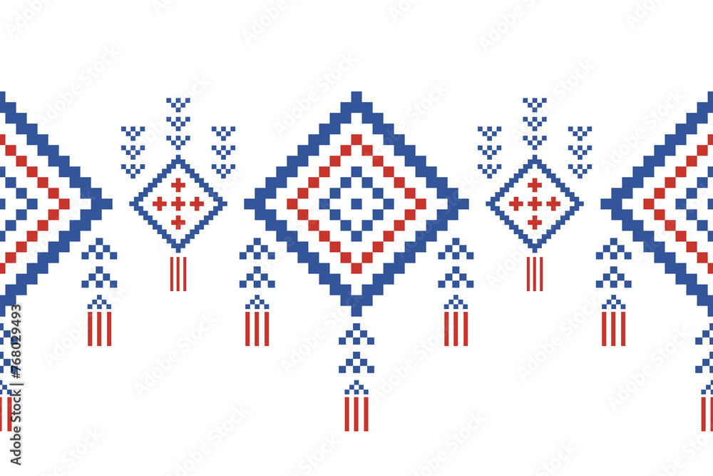 Fototapeta premium Cross Stitch embroidery seamless.Geometric pixel ethnic patterns. American, Mexican,African, mediterranean, nordic,Aztec style.Trendy folk art background design for products, fabric, ,print,decorate.