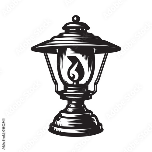 a black and white drawing of a lamp with a light on it