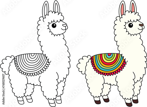 Cute kawaii llama cartoon character coloring page vector illustration