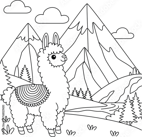 Cute kawaii llama amidst towering peaks and rolling hills cartoon character coloring page vector illustration