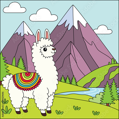 Cute kawaii llama amidst towering peaks and rolling hills cartoon character coloring page vector illustration