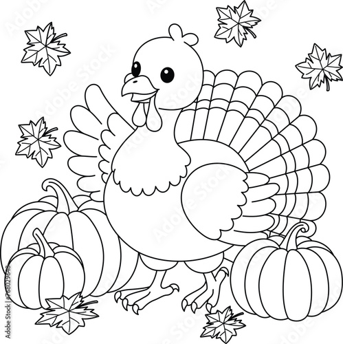 Cute kawaii turkey cartoon character and pumpkins coloring page vector illustration photo