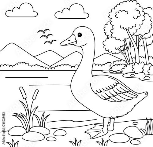 Cute kawaii goose and river background cartoon character coloring page vector illustration