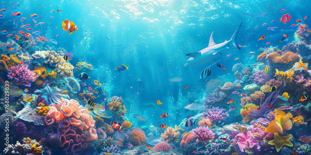 Underwater sea World with Colorful Fish,corals Reef, parrotfishs manta ray, shark, turtles, coral reefs and other marine life. 