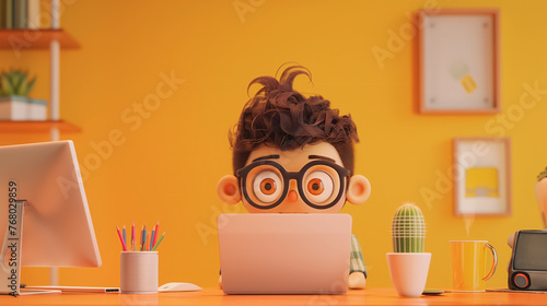 An animated man with a focused expression works diligently at his computer in a colorful, modern office space.