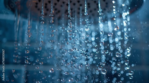 Close-up on a hot shower running, beads of water in mid-air © Malika