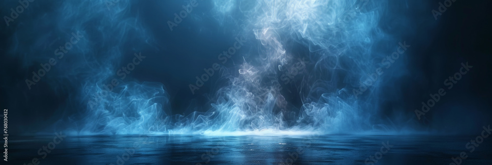A dark background with fog and blue light in the center,  dark room with a concrete floor and a spotlight. Suitable for dramatic or mysterious themed designs, theater and event promotion, and creative