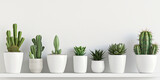 Variety of Cacti and Succulents in Simple White Pots on a Shelf