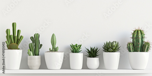 Variety of Cacti and Succulents in Simple White Pots on a Shelf