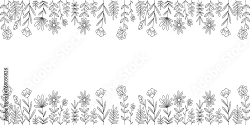 field flowers line art style vector illustration. summer plants sketch. Floral glade with grass and plants. Wild flower. Vector illustration.