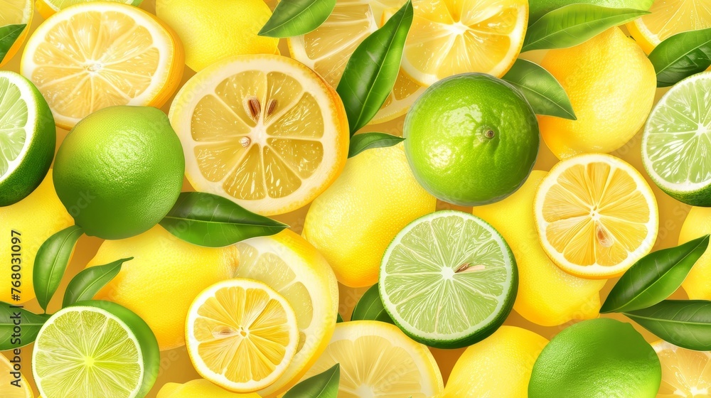 Fresh yellow fruits of lemon, lime, with green leaves. Seamless citrus texture Fresh yellow fruits of lemon, lime, with green leaves. Seamless citrus texture