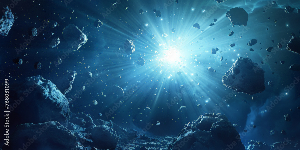dark blue starry sky with white rays of light , surrounded by floating small rocks and dust particles Explosion , warp space