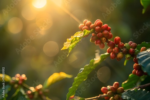 The sun illuminates the coffee beans on the plantation