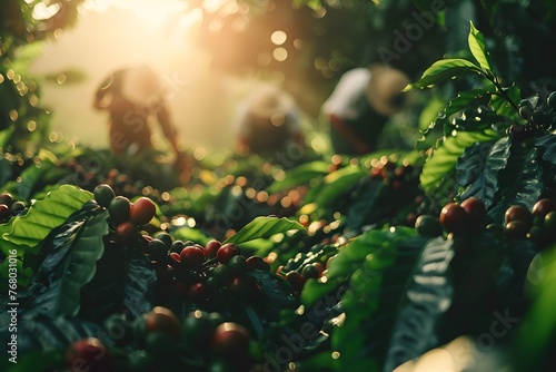 Сoffee berries are picked by hand by people on coffee plantations, sunlight shines on coffee plantations photo