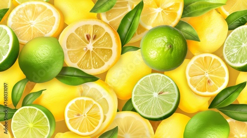 Fresh yellow fruits of lemon  lime  with green leaves. Seamless citrus texture