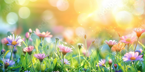 Beautiful spring meadow background with grass, flowers on a sunny day. pink daisies and a purple butterfly in the sunlight. Spring concept banner design. Easter day.