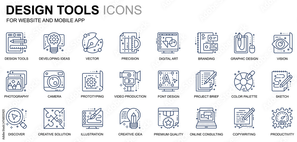 Simple Set Design Tools Line Icons for Website and Mobile Apps. Contains such Icons as Creative, Developing, Precision, Vision, Sketch. Conceptual color line icon. Pictogram pack. Simple Set Design Tools Line Icons for Website and Mobile Apps. Contains such Icons as Creative, Developing, Precision, Vision, Sketch. Conceptual color line icon. Pictogram pack.