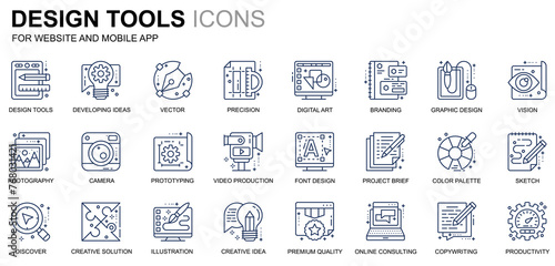 Simple Set Design Tools Line Icons for Website and Mobile Apps. Contains such Icons as Creative, Developing, Precision, Vision, Sketch. Conceptual color line icon. Pictogram pack.