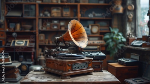 An antique phonograph with a brass horn sits on a wooden table, evoking a sense of nostalgia amidst various vintage objects in the background