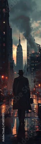 Solitary figure, city backdrop, hat in hand, dusk lighting, cinematic, deep shadows , hyper realistic