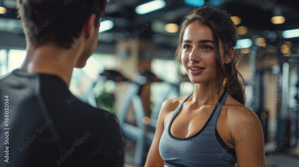 fitness, sport, exercising and diet concept - smiling young woman and personal trainer with clipboard writing exercise plan in gym fitness, sport, exercising and diet concept - smiling young woman and personal trainer with clipboard writing exercise plan in gym
