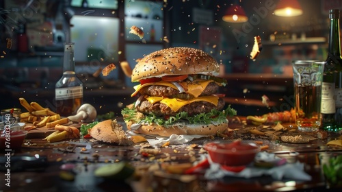 Shady deal over burger feast, tense expressions, cluttered table, dramatic contrast , super realistic