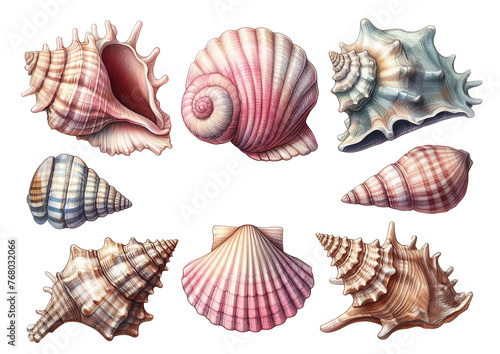 Digital drawing realistic beautiful sea shells of various colors and textures isolated on a transparent background. Blue, pink and beige shades.