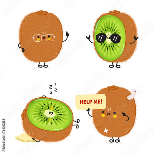 Funny Kiwi fruit characters bundle set. Vector hand drawn doodle style cartoon character illustration icon design. Cute Kiwi fruit mascot character collection