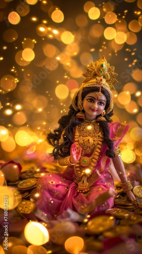 sculpture of indian lakshmi goddess sitting on pile of golds