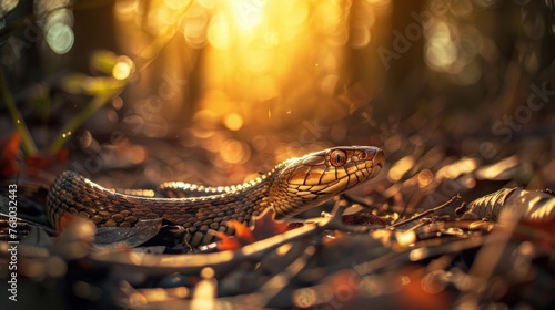 Rustic gift, forest snake approaching, golden hour, ground angle, natural intrigue , close-up photo
