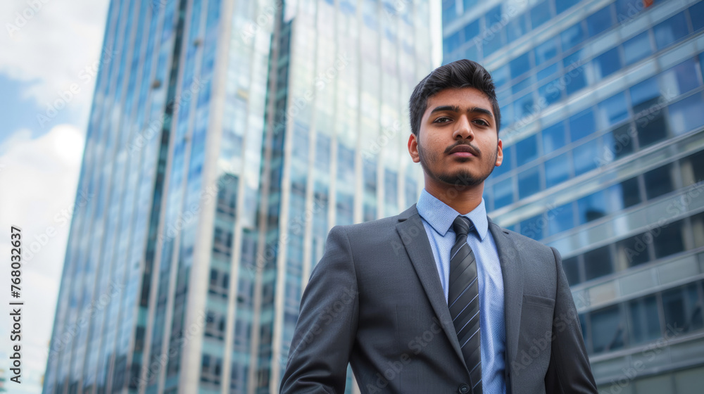 Indian businessman in a business suit against the background of a skyscraper. Indian businessman in a business suit against the background of a skyscraper.
