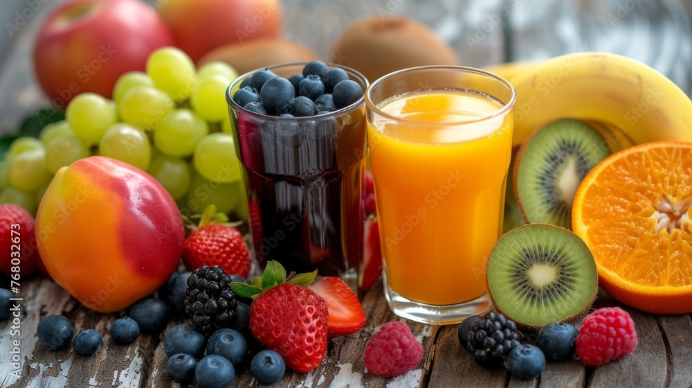 Colourful display of fresh fruit and juices on a wooden surface Colourful display of fresh fruit and juices on a wooden surface