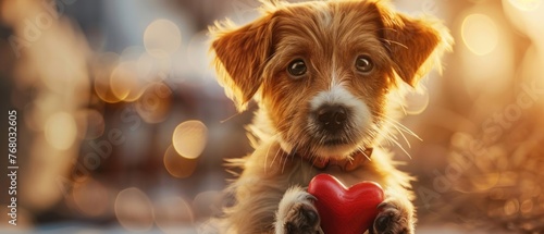 Puppy holding a heartshaped gift, soft morning light, closeup, joyful expression , super realistic photo