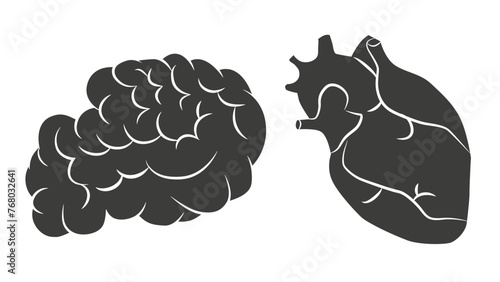 Heart and mind. Mind and heart dark icons. Emotions and rationality. photo