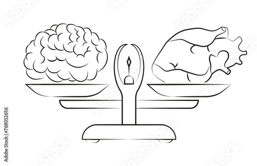 Heart and brain on the scales. Thin line. Balance, love and mind, intelligence. Flat style.