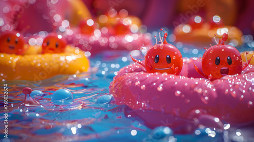 A red blood cell characters in a pool at heart, with lifebuoys shaped like hemoglobin, to symbolize their role in life support