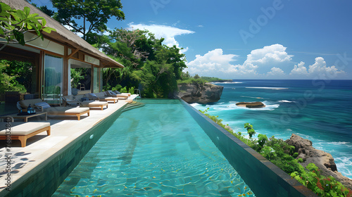 An luxury hotel with infinity pool overlooking a beautiful beach and the ocean.