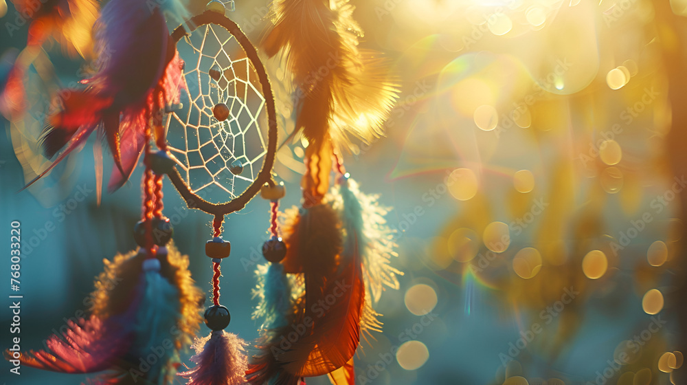 Close up of dream catcher hanging from tree in the sun ,Dreamcatcher at sunset with copy space,Dreamcatcher at sunset with copy space - obrazy, fototapety, plakaty 