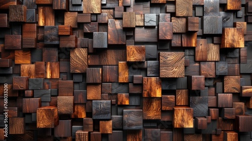 Brown wooden acoustic panels wall texture on wood background for interior design photo