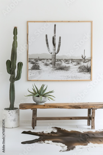 A white wall with a wood frame and cactus print, rustic wooden bench in front of it, white floor with cowhide rug, black and white photo of desert landscape, green plants on the side photo