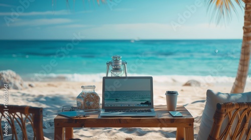 Relaxed outdoor office with financial analysis on screen, seaside trading station photo