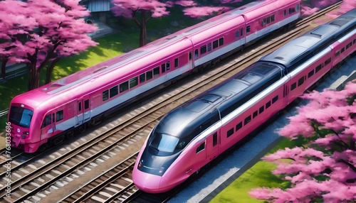 A pink train and Shinkansen with full blooming sakura tree along the railway. Drone shot view. generative ai illusration