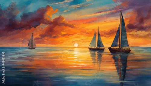 sailboat at sunset, sunset in the sea, Golden Sunset Sailboat Silhouette, Sailboats Chasing the Sunset, Calm Seas at Sunset with Sailboats, Sailboat Regatta at Sunset, generative ai