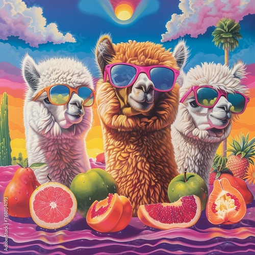 An airbrush masterpiece showcasing Alpacas in sunglasses, surrounded by juicy fruit slices, set in a vivid 1980s landscape