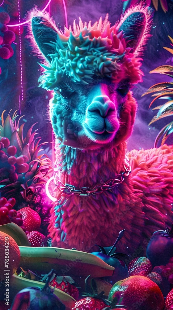 Imagine Alpacas grooving to 1980s synthwave, surrounded by neon-lit fruits A digital art masterpiece in vivid colors